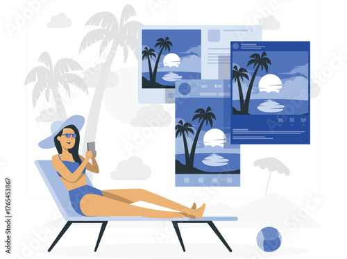 Woman in bikini relaxing on a beach chair and looking at vacation photos on her phone travel holiday