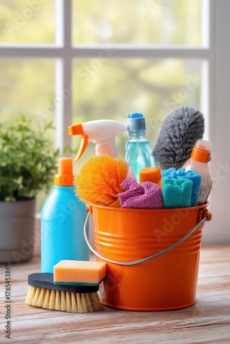 A bright, organized still life featuring an orange bucket filled with various colorful cleaning supplies and tools
