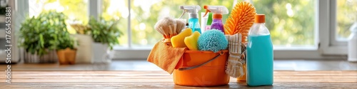 A bright, organized still life featuring an orange bucket filled with various colorful cleaning supplies and tools