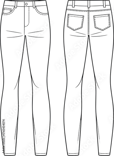 Skinny jeans flat sketch, denim pants fashion template, front and back view design, technical apparel drawing, CAD drawing flat vector illustration