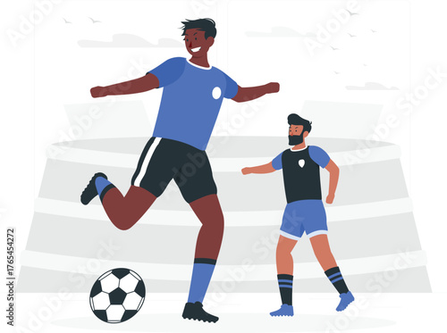 Two men playing soccer in front of a stadium football sport