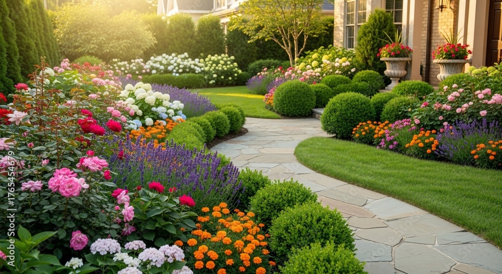 Obraz premium Lush Garden Landscape with Flowers, Greenery, and Stone Pathway in Residential Setting.