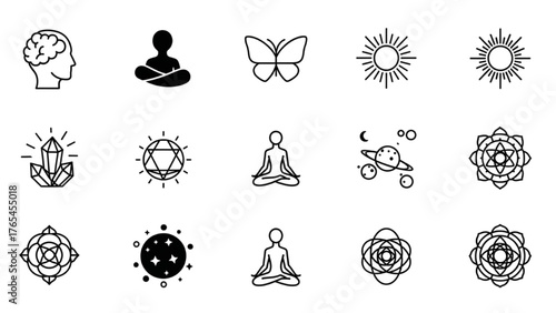 Collection of minimalist line icons for mindfulness, meditation, and spiritual wellness concepts
