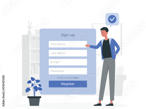 Man filling out a sign up form on a large screen with fields for name, email, and password Keywords: sign up, registration, form, online, website, application, user, account, create, login