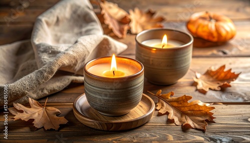 Warm candle flame beside handmade ceramic cups, linen napkin, and dried oak leaves on a wooden table.
