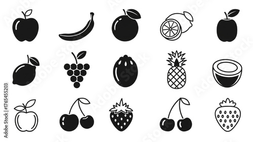 Set of various fruits and berries icons, isolated on white background
