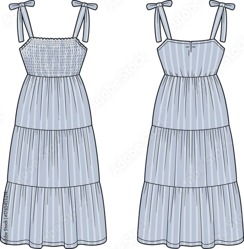 Smocked midi dress flat sketch, tiered ruffle sundress design, bow strap fashion template, front and back view, CAD drawing flat vector illustration