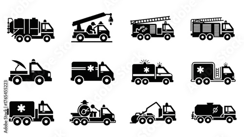 Comprehensive vector icon collection depicting various essential emergency, public service, and utility vehicles for modern design projects