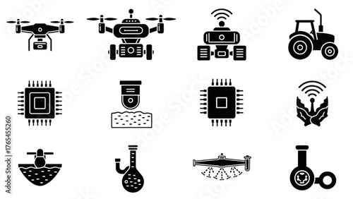 Agritech innovation and smart farming automation solid glyph icon set