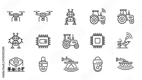 Modern Farming and Technological Advancements Icons of Agriculture and Robotics