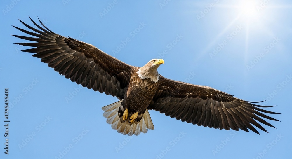 Obraz premium Majestic White-tailed Eagle Soaring in a Bright Blue Sky with Sun Glare, Wings Fully Extended.