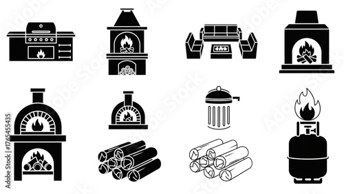 Collection of silhouette icons for outdoor living, barbecue grilling, and patio relaxation concepts