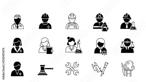 A diverse collection of professional career and occupation icons in a simple line art style