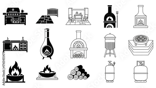 Collection of Icons Featuring Outdoor Cooking and Heating Appliances