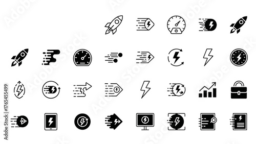 A collection of speed and energy icons, including rockets, lightning bolts, and gauges