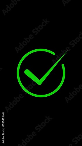 Green color simple tick mark animation with black background 4k