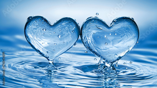Two heart-shaped water sculptures drip into rippling blue water symbolizing pure love and refreshing connection.