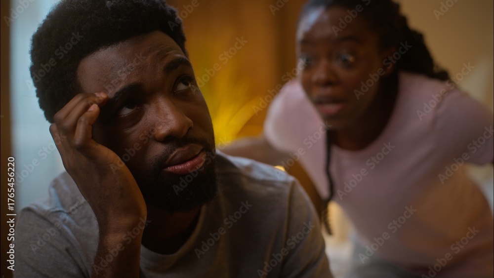 Obraz premium African American family fight crisis argument problem quarrel marriage couple divorce angry mad woman wife shouting yell scream sad guilty man husband cheating jealousy betrayal at home bedroom night