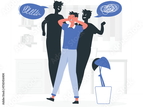 Man overwhelmed by negative thoughts represented by shadowy figures and speech bubbles Keywords: stress, anxiety, mental health, depression, overwhelmed, negative thoughts, fear, doubt, confusion