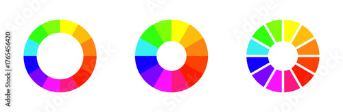 Color wheel or palette graphics, Colorful circular charts in gradient rainbow tones representing colorwheel, spectrum, and balance. Perfect for design, creativity, art, and visual presentation project