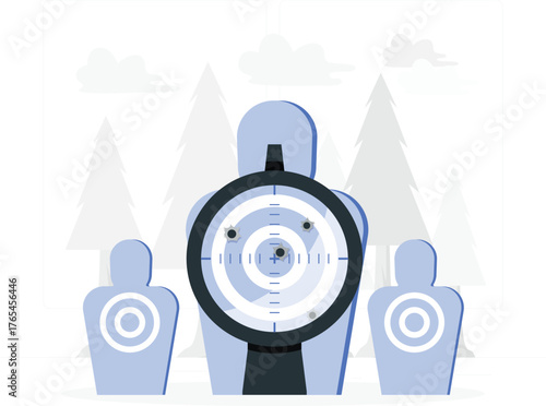 Target practice with shooting silhouettes and a rifle scope in a forest setting Keywords: shooting, target, practice, range, gun, weapon, aim, accuracy, bullseye, silhouette, target practice