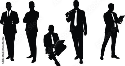 Silhouette business professionals, formal attire, confident posture, seated laptop use, tablet interaction, leadership stance, office style, corporate identity