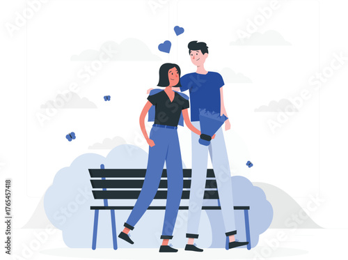Couple Embracing by Park Bench with Hearts and Butterflies getaway
