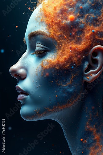 Surrealistic portrait of a woman against the backdrop of a galaxy