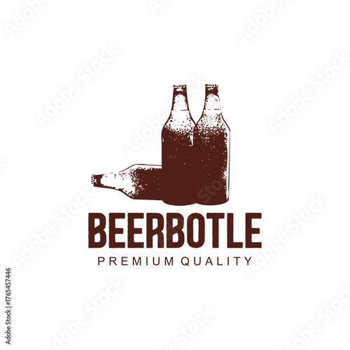 Vintage inspired beer bottle logo design with premium quality text and grunge style illustration