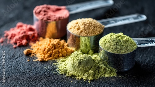 Measuring scoops with colorful sports supplements for bodybuilding on black background