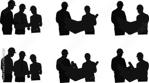 Silhouette construction workers, hard hat teamwork, blueprint review, engineering collaboration, project planning, site discussion, technical team, occupational roles, safety gear