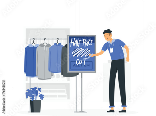Salesperson Pointing at Sign for Half Price Cut on All Items in Clothing Store discount