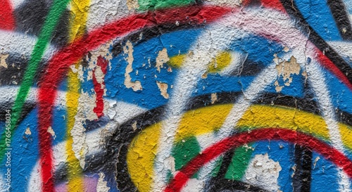 Vibrant Abstract Graffiti Art on Textured Wall with Peeling Paint - Colorful Urban Background for Creative Design and Artistic Concepts