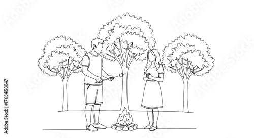 One continuous line illustration of a couple beside a campfire in a park under trees - 6