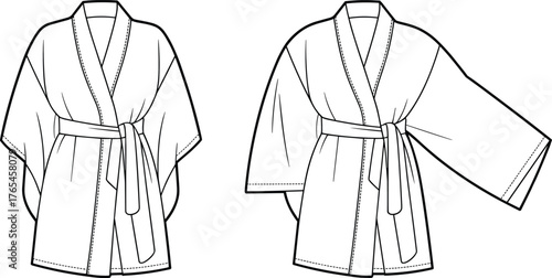 Kimono robe technical flat sketch, bathrobe fashion vector drawing, garment template for sewing pattern