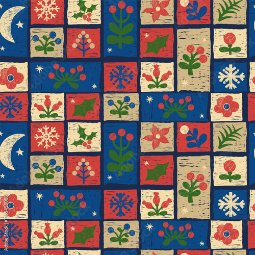 Christmas Folk Seamless Pattern. New Year Geometric Tiles Patchwork with Primitive floral motifs, snowflakes and crescent. Textured Crayon Ornament Hand-Drawn. Vector illustration. Not AI