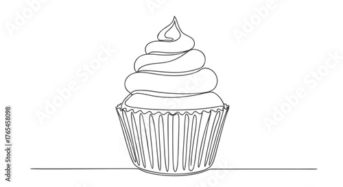 Captivating one continuous line drawing art of a delightful cupcake, beautifully illustrating the sweetness and simplicity of baked treats for various design projects and food themes