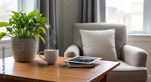 Cozy Modern Living Room Corner with Potted Plant Coffee Mug and Tablet