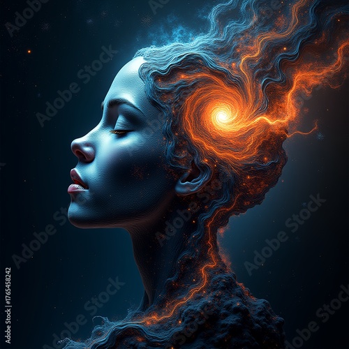 Surrealistic image of a woman against the backdrop of a galaxy