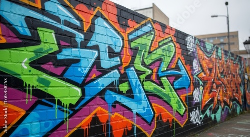 Vibrant Colorful Graffiti Art on a Brick Wall in an Urban Alleyway - Street Art Background for Creative Projects and Design Elements