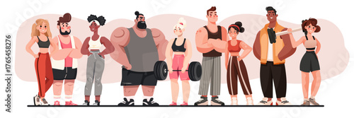 Fitness people diverse group gym training athletes active men women holding barbells sportswear modern cartoon style flat colorful background