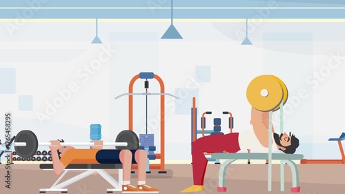 Animated man exercising in gym, health and fitness lifestyle concept promoting strength and physical wellbeing