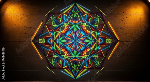 Vibrant Geometric Mandala Art on Textured Wall - Colorful Abstract Design with Neon Lights and Modern Urban Backdrop for Creative Projects