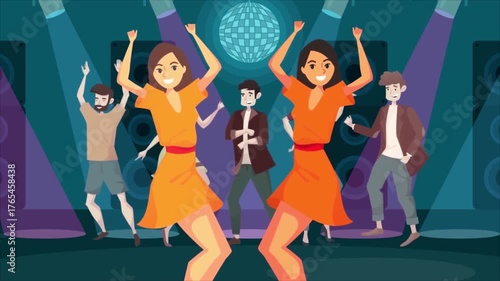 Animated group dancing in club, celebration and music party concept for nightlife, fun, and enjoyment