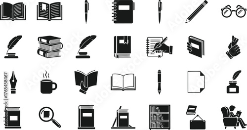 Collection of educational and literary icons representing books writing tools and reading accessories isolated on transparent background