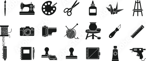 Collection of craft and art supplies icons for creative projects isolated on transparent background
