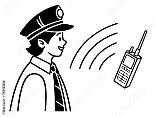Two-dimensional minimalist illustration of a person in a police cap and tie, drawn in solid black. To the right, a rectangular walkie-talkie emits communication signals. The style is flat, clean, with