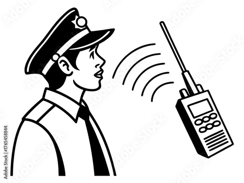 Two-dimensional minimalist illustration of a person in a police cap and tie, drawn in solid black. To the right, a rectangular walkie-talkie emits communication signals. The style is flat, clean, with