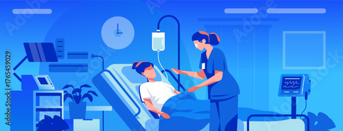 Nurse caring for patient hospital room medical equipment healthcare worker monitoring intravenous therapy blue background modern clinic