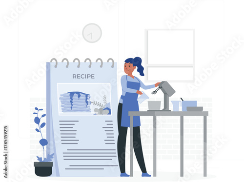 Woman baking with a stand mixer and a recipe book open to pancakes cooking